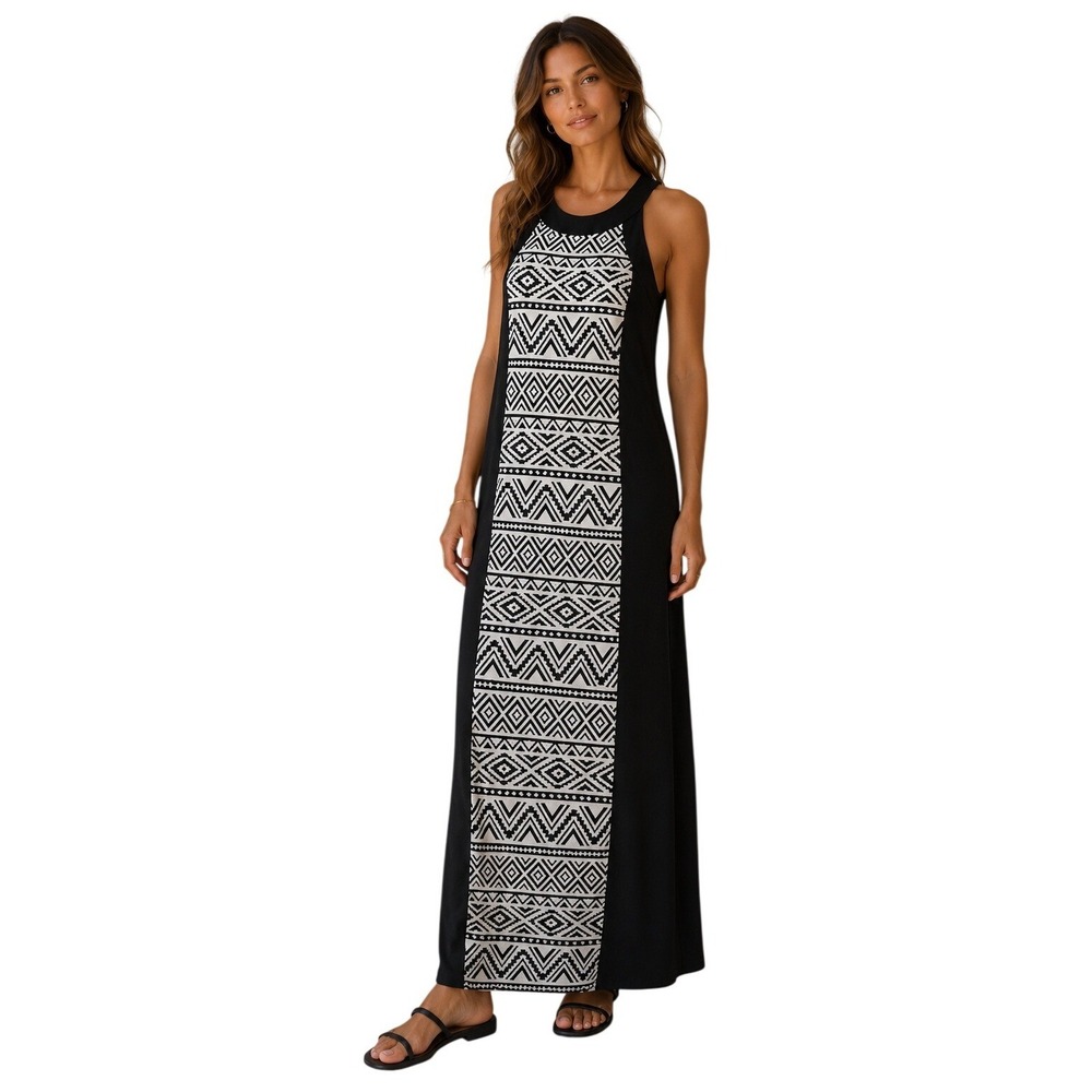 R&M Richards Maxi Dress Womens 12 Black Aztec BOHO Sleeveless Casual